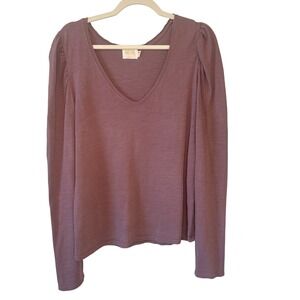 Nation LTD Womens XL Long‎ Puff Sleeve V-Neck Slub Knit Top T-Shirt Purple